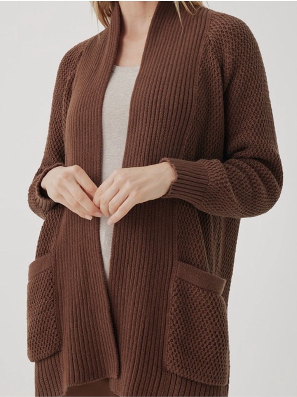 PACT honeycomb open cardigan cappuccino brown chunky knit organic cotton M/L